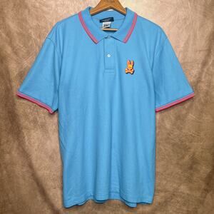 Psycho Bunny Polo Shirt Blue Neon Striped Embroidered Short Sleeve Golf Sporty